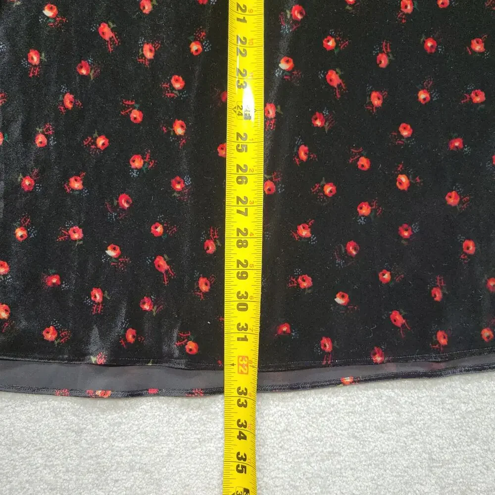 LOFT Womens M Black Velvet Midi Skirt Red Floral Burnout A-Line Holiday Y2K